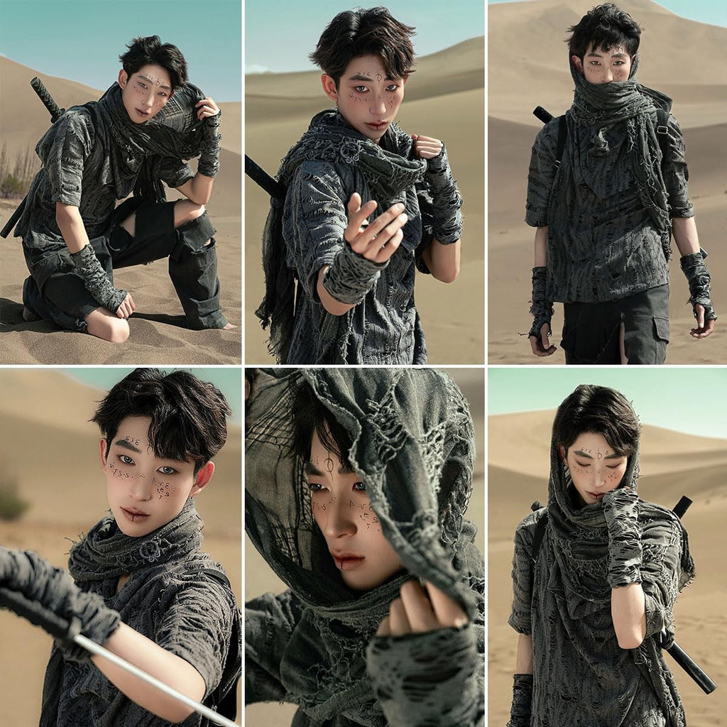 Dune Wasteland Hooded Shawl with Viking Brooch and Punk Gloves, Medieval Cape..