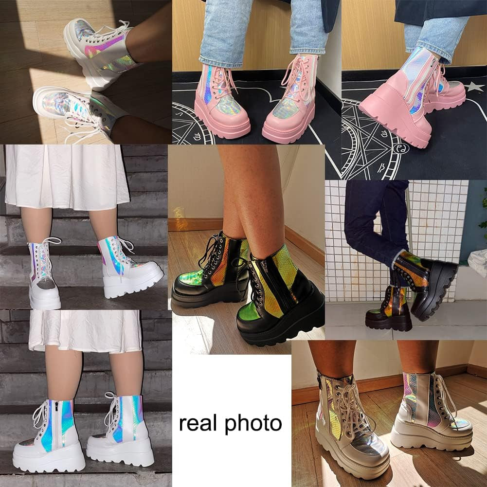 Chunky Platform Boots for Women, Square Toe Lace up Zip High Heel Combat Wedge Ankle Boots