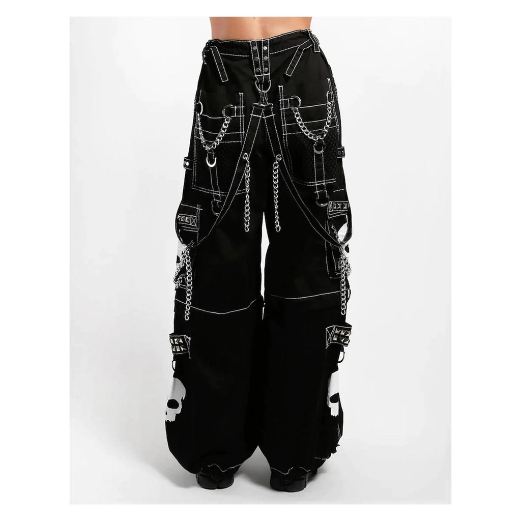 Handmade Gothic Cyberpunk Pants: White Skull Print, Chain Detail