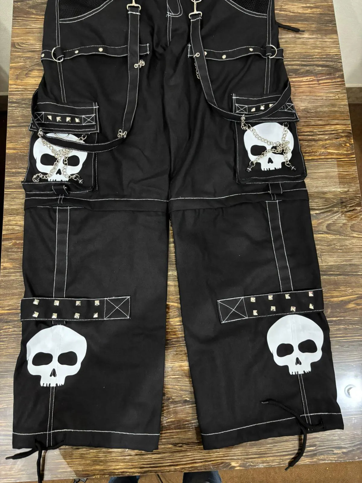 Handmade Gothic Cyberpunk Pants: White Skull Print, Chain Detail