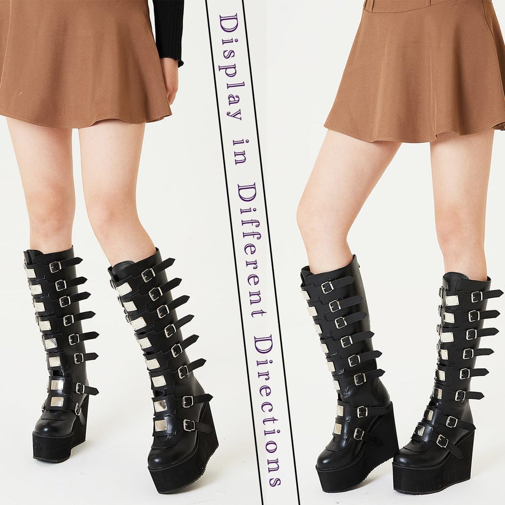 Womens Wedge Platform Knee High Boots High Heel Round-Toe Zip Punk Goth Mid Calf Combat Boots for Women