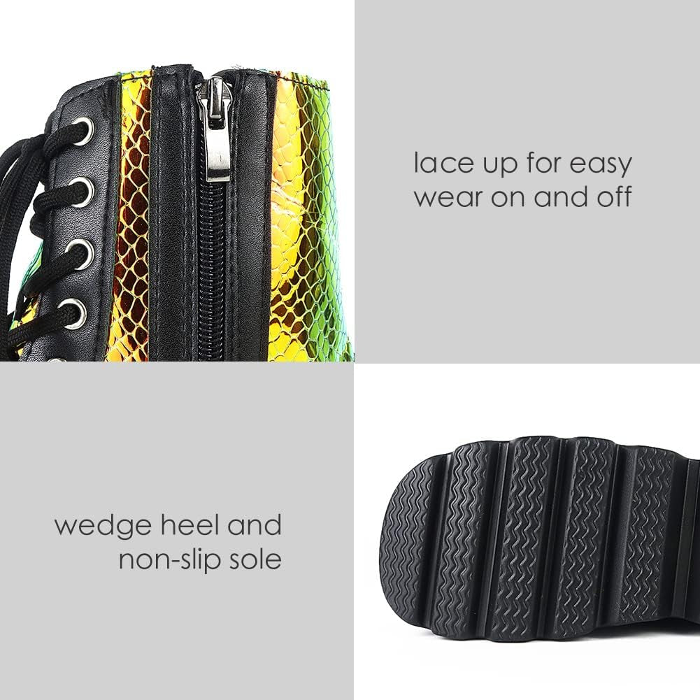 Chunky Platform Boots for Women, Square Toe Lace up Zip High Heel Combat Wedge Ankle Boots