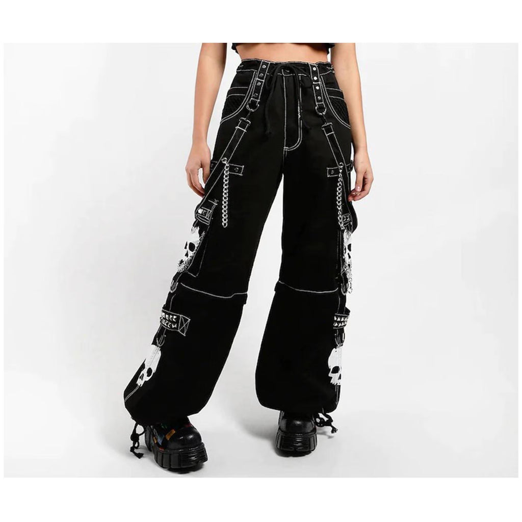 Handmade Gothic Cyberpunk Pants: White Skull Print, Chain Detail
