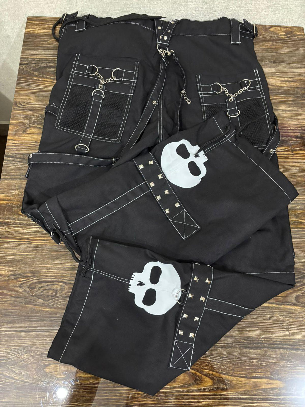 Handmade Gothic Cyberpunk Pants: White Skull Print, Chain Detail