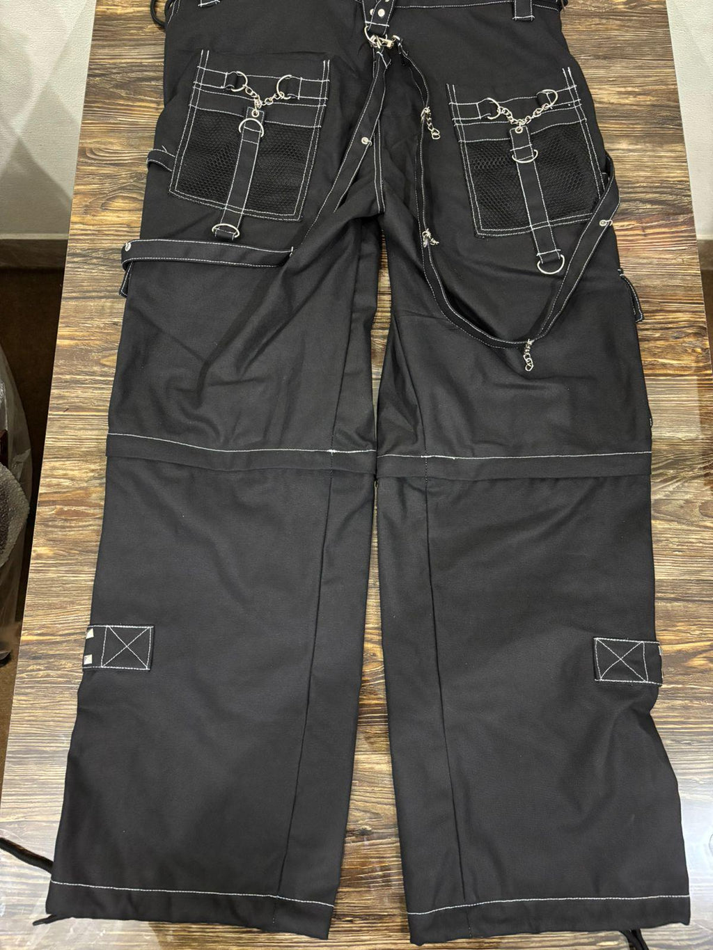 Handmade Gothic Cyberpunk Pants: White Skull Print, Chain Detail