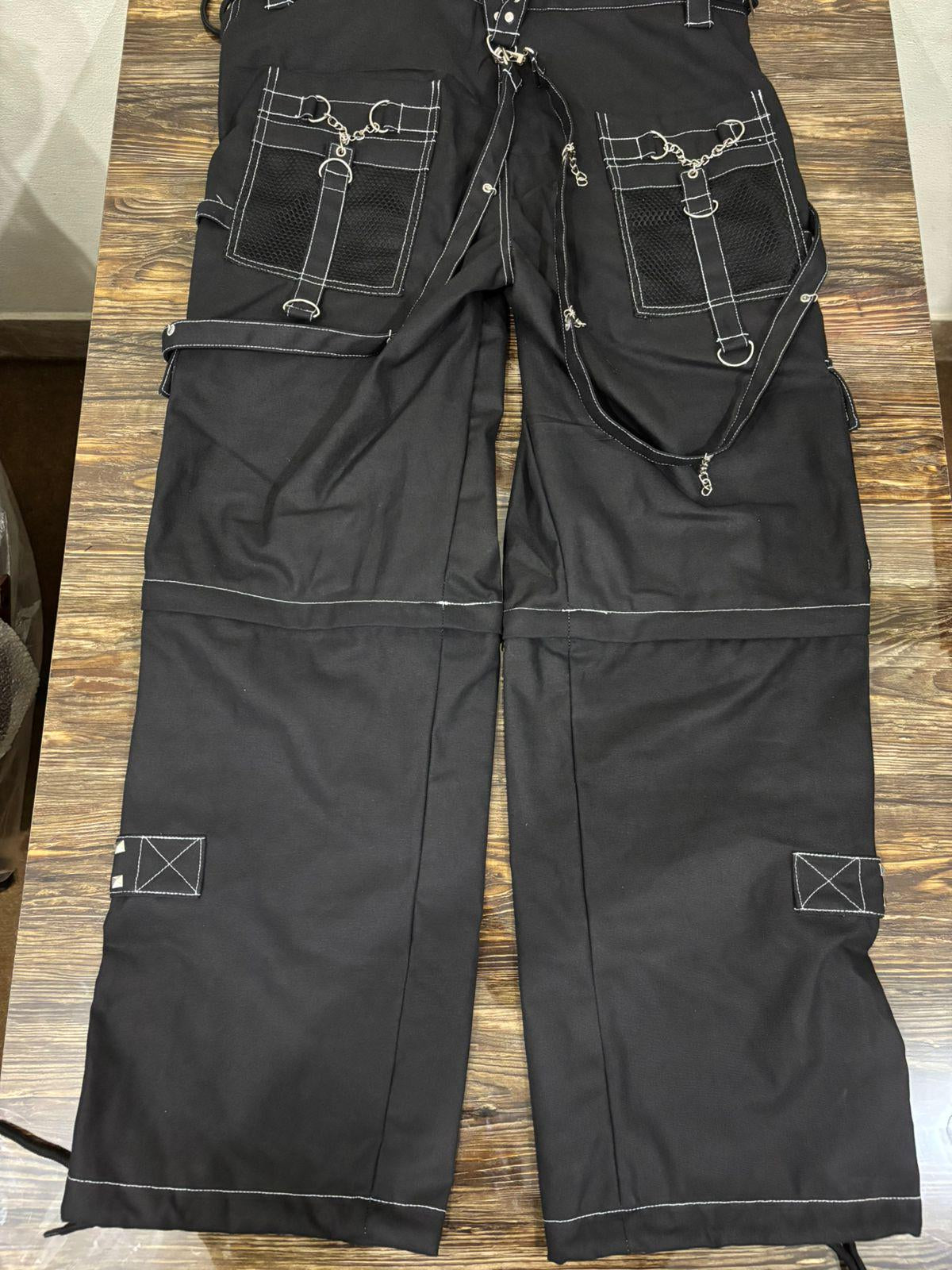 Handmade Gothic Cyberpunk Pants: White Skull Print, Chain Detail