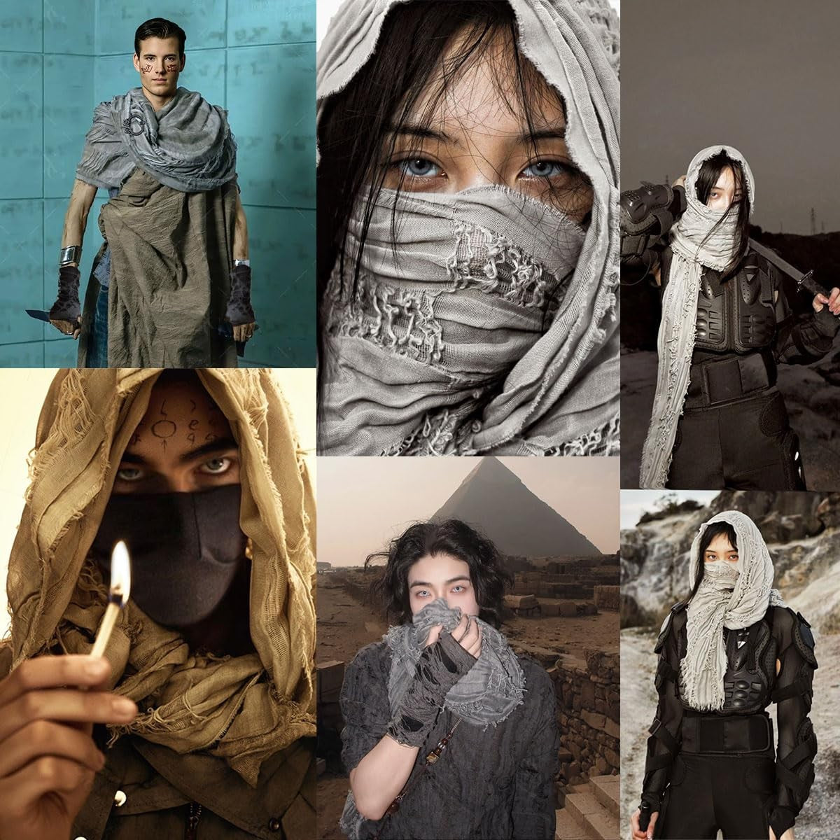 Dune Wasteland Hooded Shawl with Viking Brooch and Punk Gloves, Medieval Cape..