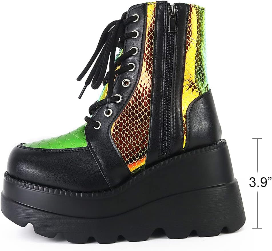 Chunky Platform Boots for Women, Square Toe Lace up Zip High Heel Combat Wedge Ankle Boots