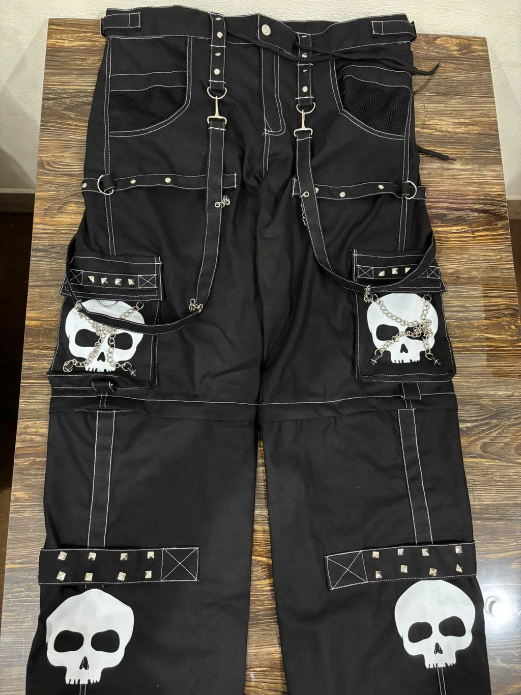 Handmade Gothic Cyberpunk Pants: White Skull Print, Chain Detail