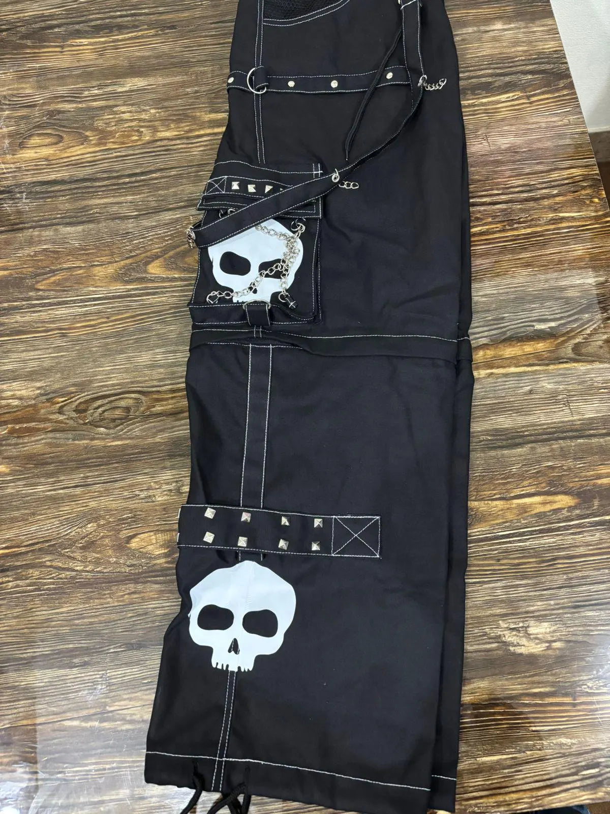 Handmade Gothic Cyberpunk Pants: White Skull Print, Chain Detail