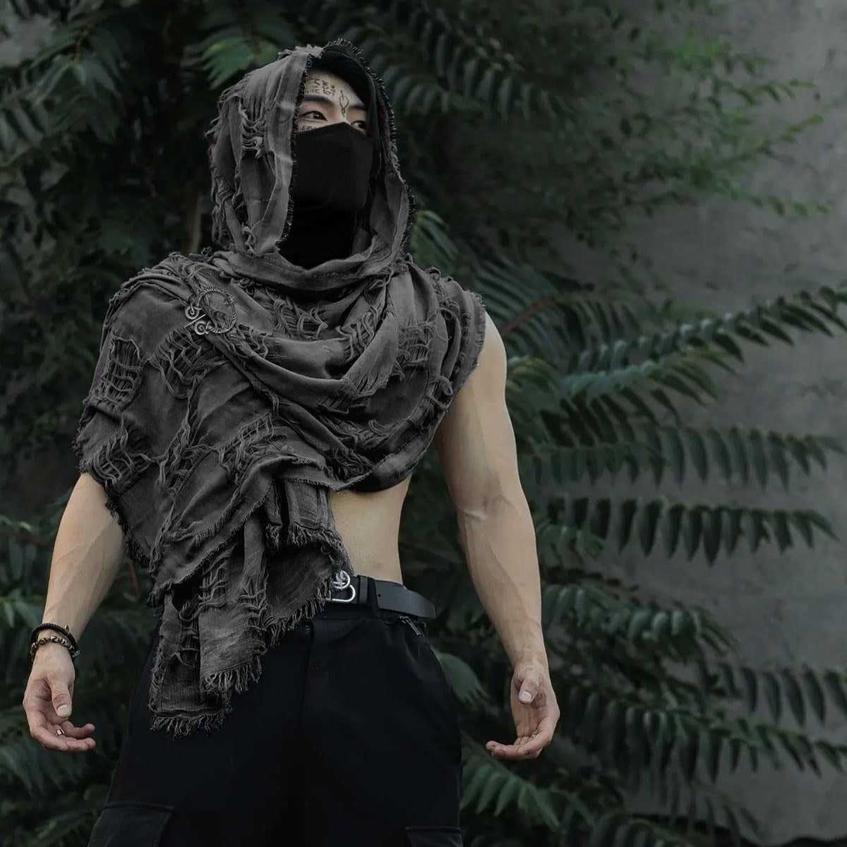 Dune Wasteland Hooded Shawl with Viking Brooch and Punk Gloves, Medieval Cape..