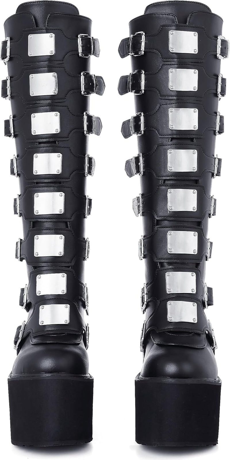 Womens Wedge Platform Knee High Boots High Heel Round-Toe Zip Punk Goth Mid Calf Combat Boots for Women
