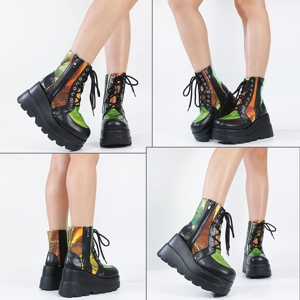 Chunky Platform Boots for Women, Square Toe Lace up Zip High Heel Combat Wedge Ankle Boots
