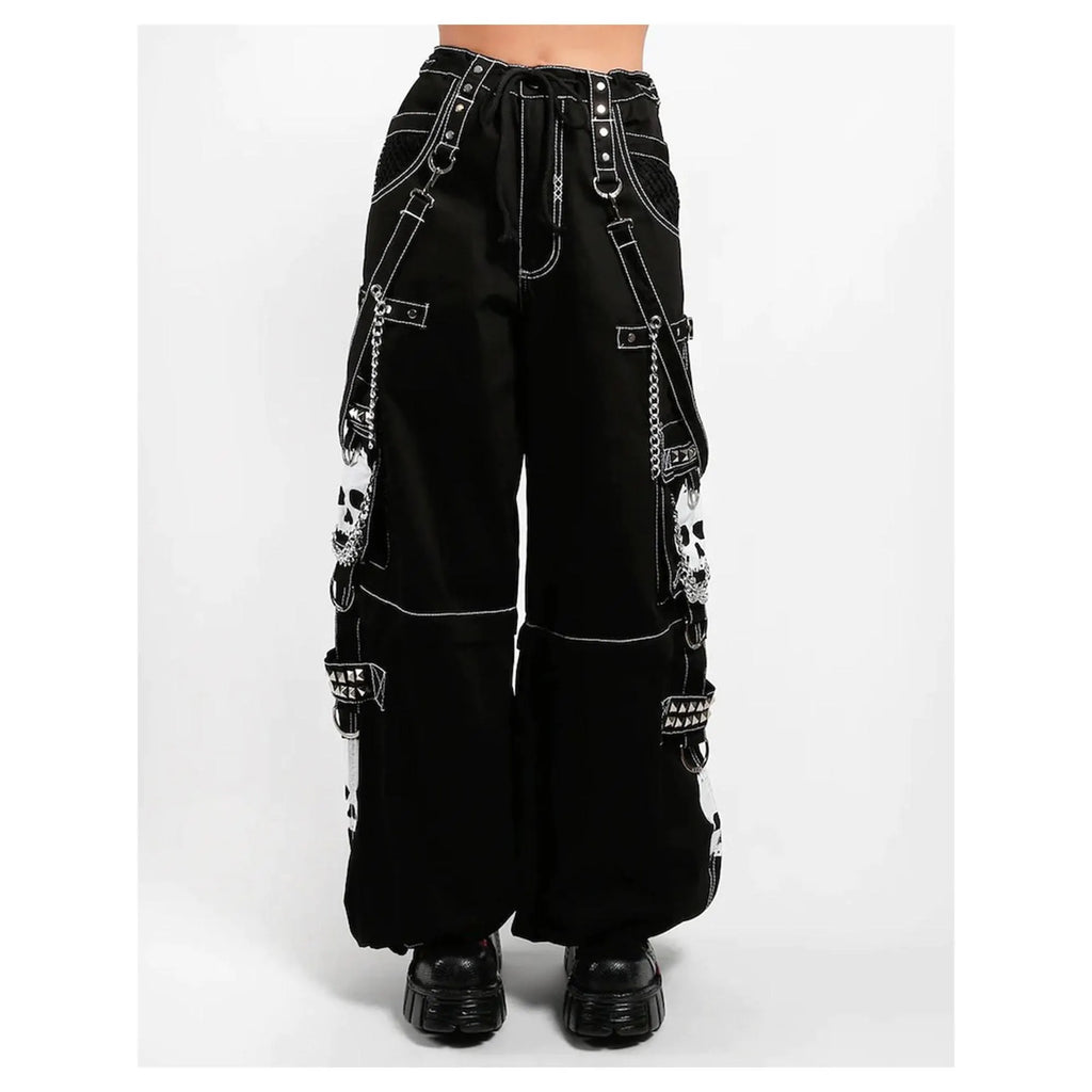 Handmade Gothic Cyberpunk Pants: White Skull Print, Chain Detail