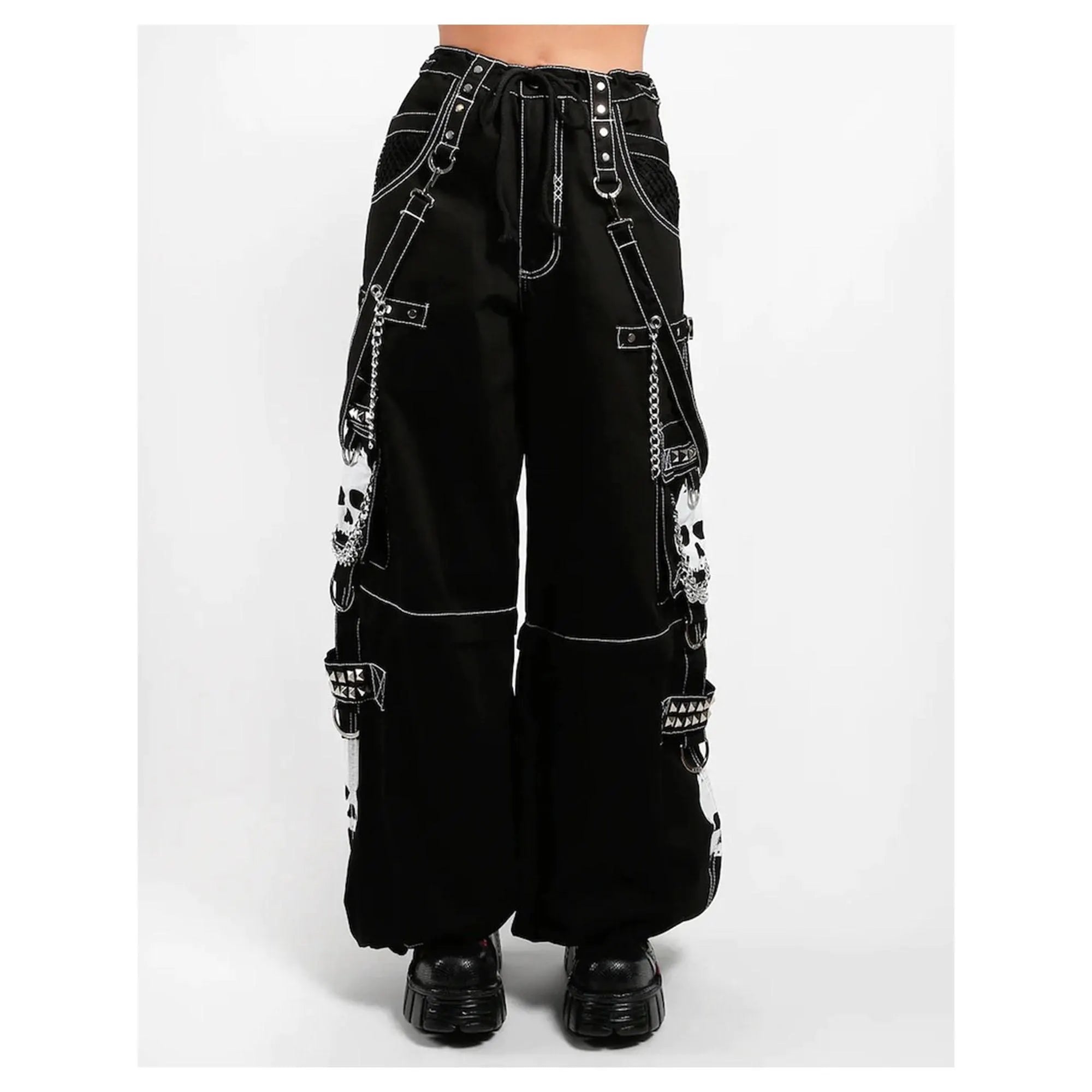 Handmade Gothic Cyberpunk Pants: White Skull Print, Chain Detail