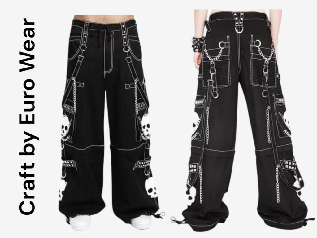 Handmade Gothic Cyberpunk Pants: White Skull Print, Chain Detail