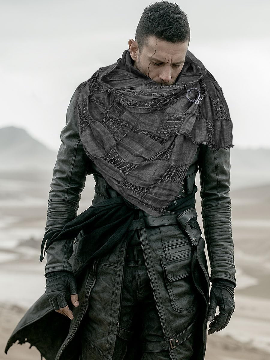 Dune Wasteland Hooded Shawl with Viking Brooch and Punk Gloves, Medieval Cape..