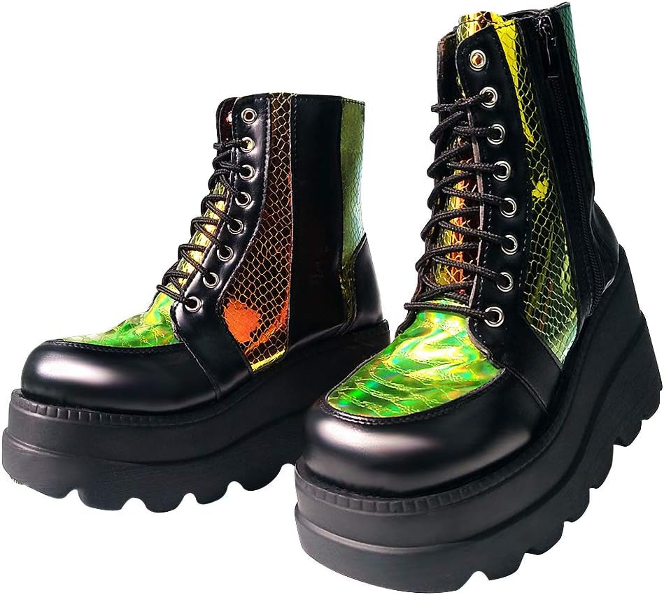 Chunky Platform Boots for Women, Square Toe Lace up Zip High Heel Combat Wedge Ankle Boots