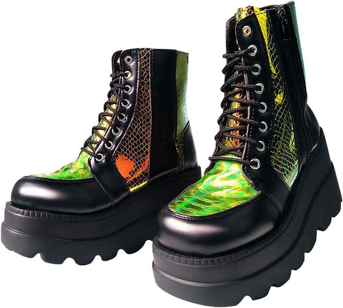 Chunky Platform Boots for Women, Square Toe Lace up Zip High Heel Combat Wedge Ankle Boots