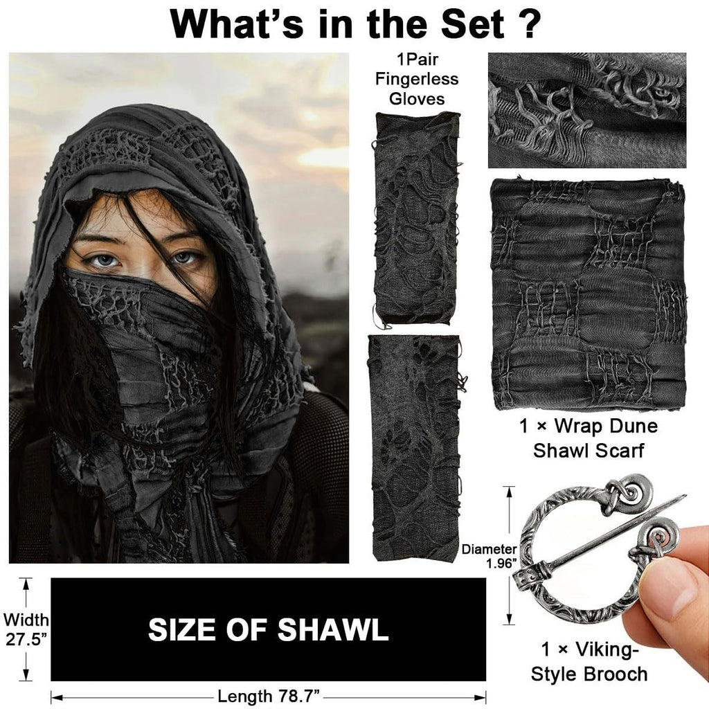 Dune Wasteland Hooded Shawl with Viking Brooch and Punk Gloves, Medieval Cape..