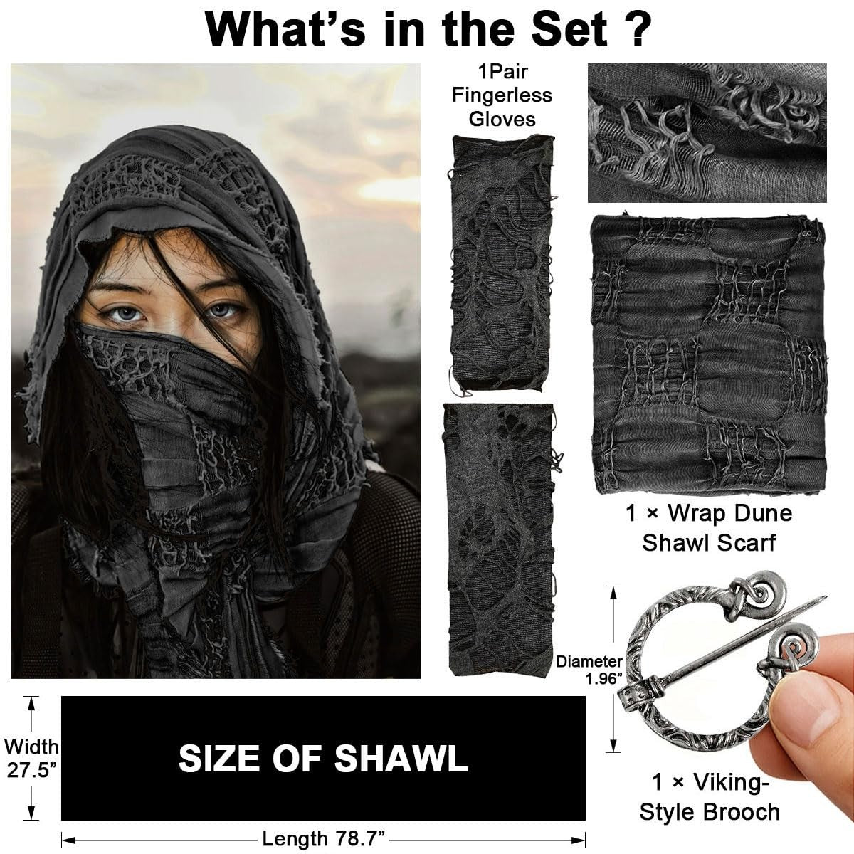 Dune Wasteland Hooded Shawl with Viking Brooch and Punk Gloves, Medieval Cape..