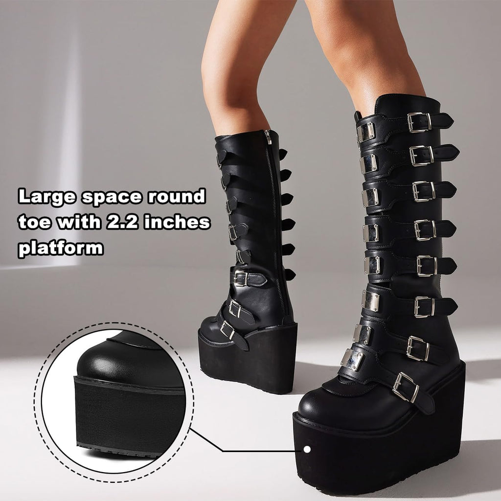 Womens Wedge Platform Knee High Boots High Heel Round-Toe Zip Punk Goth Mid Calf Combat Boots for Women